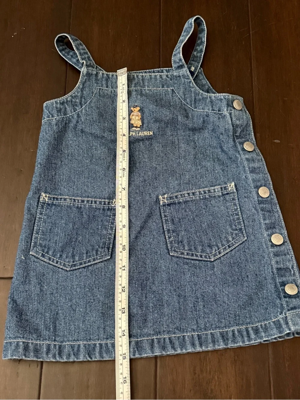 Vintage Ralph Lauren Denim Overall Dress with Embroidered Polo Bear & Pockets